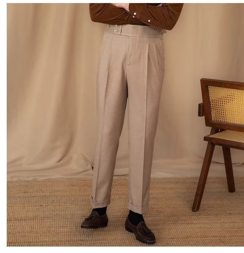 Men's Adjustable Buckle High Waist Straight Casual Suit Pants