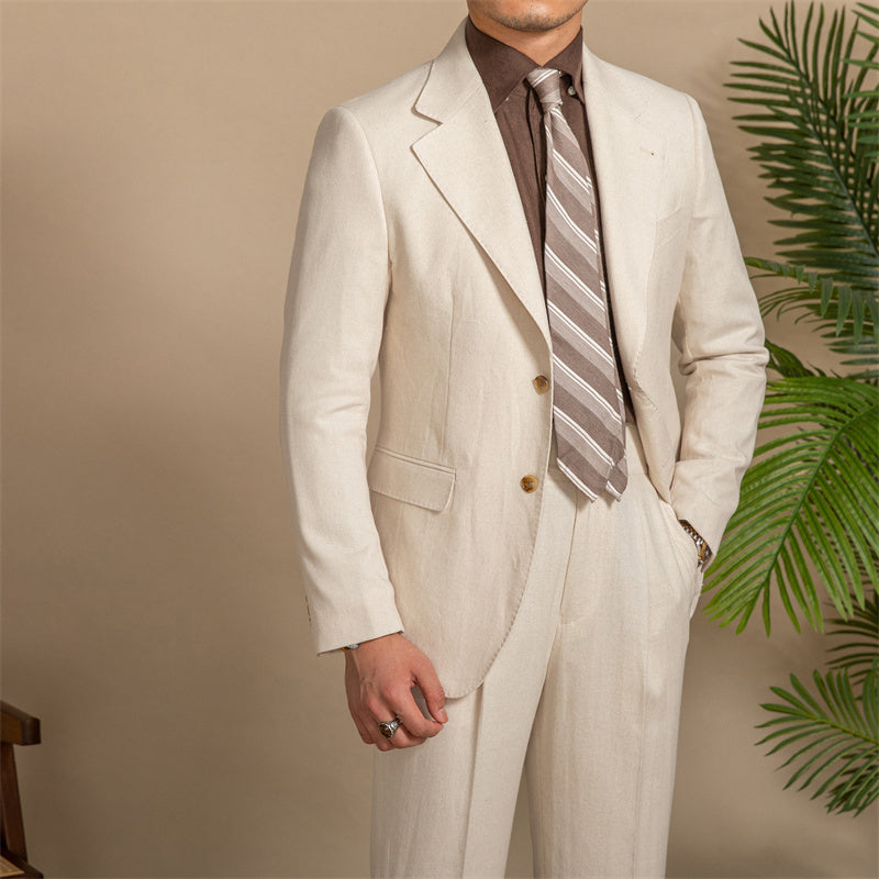 2PC Linen Hemp Texture Half Lined Slim Fit Suit