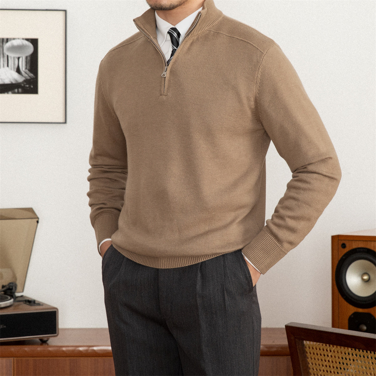 Commuter Stand-Up Collar Zip Wool Blend Sweater