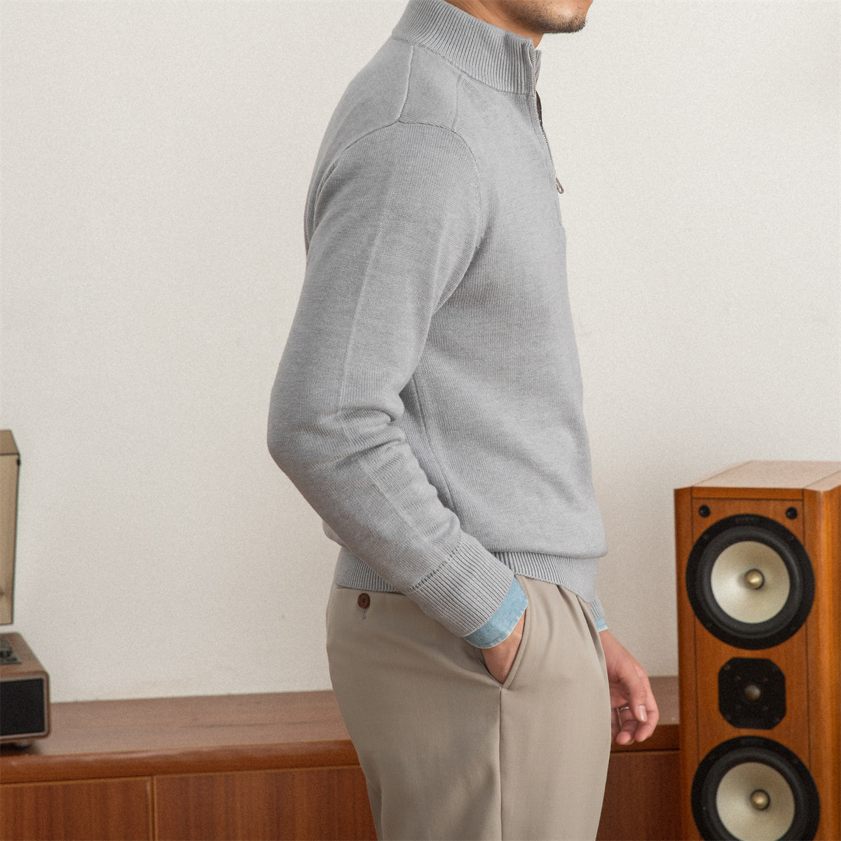 Commuter Stand-Up Collar Zip Wool Blend Sweater