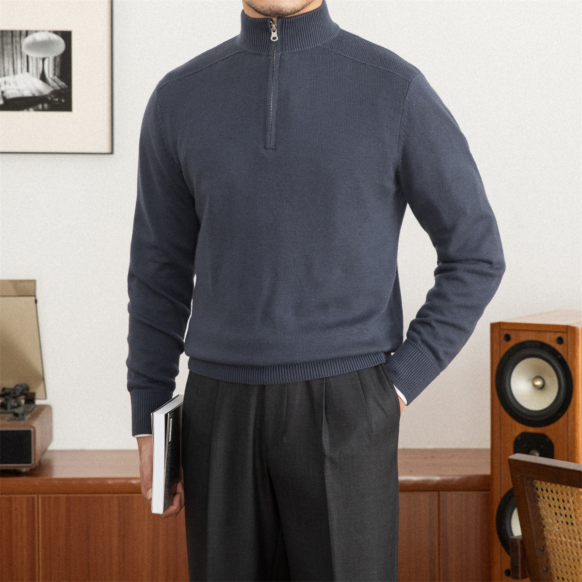 Commuter Stand-Up Collar Zip Wool Blend Sweater