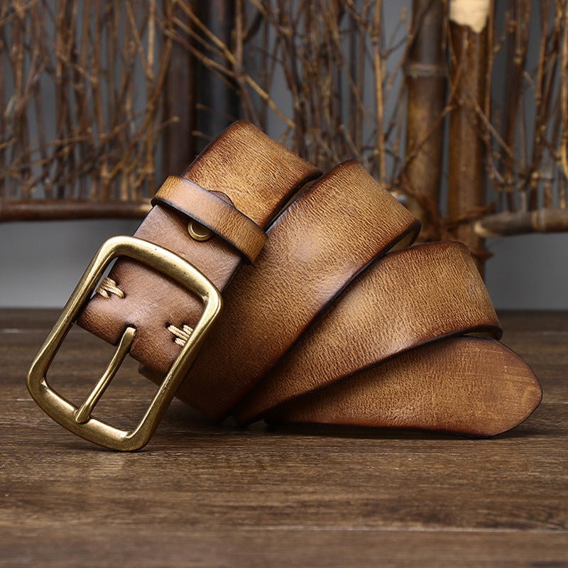 Handmade Vintage Distressed Pleated Buckle Belt Black Khaki