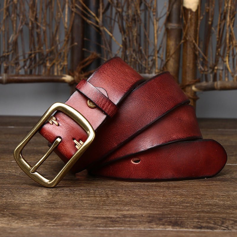 Handmade Vintage Distressed Pleated Buckle Belt Reddish Brown
