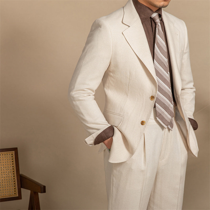 2PC Linen Hemp Texture Half Lined Slim Fit Suit