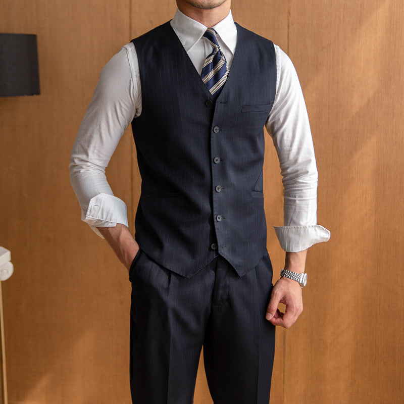 British Wool Blend Striped V-Neck Waistcoat