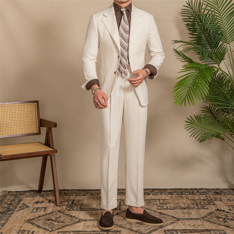 2PC Linen Hemp Texture Half Lined Slim Fit Suit