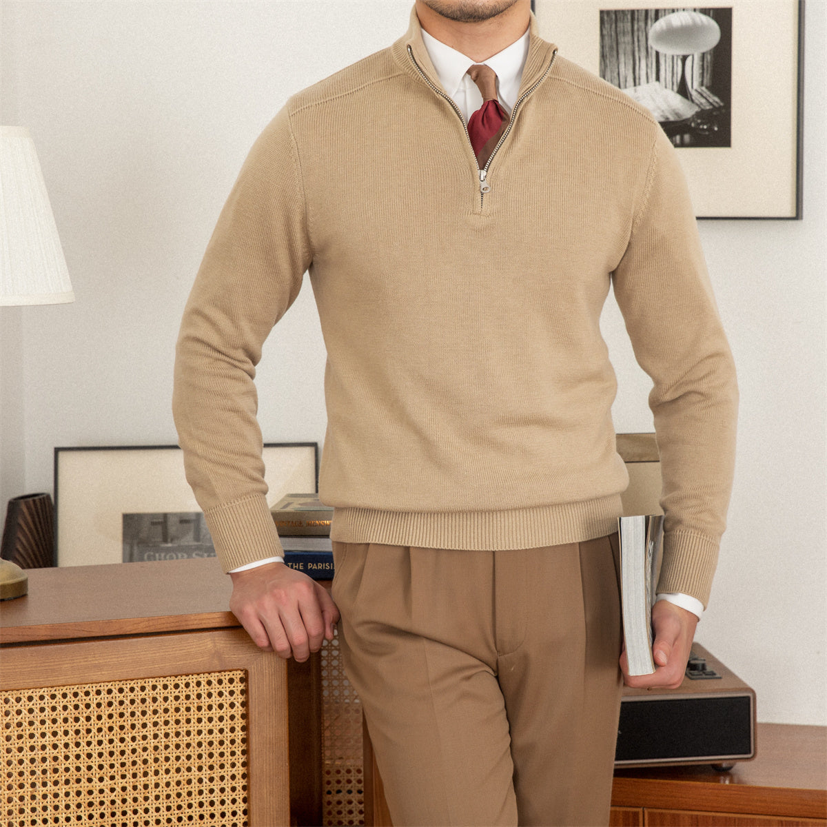 Commuter Stand-Up Collar Zip Wool Blend Sweater